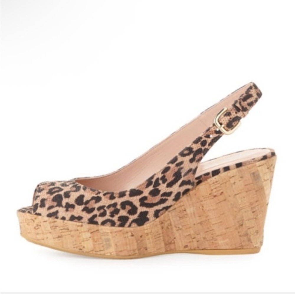 Stuart Weitzman Woven Leopard-Print Cork Slingback Wedges 8.5 Narrow